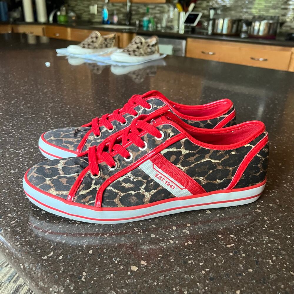 Coach Deja Canvas Leopard Print Red Trim Sneakers Shoes Size 9 EUR 40